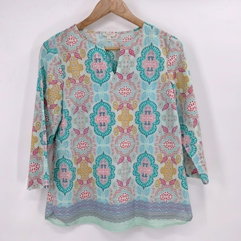 Talbots 3/4 Sleeve Split Neck Popover Blouse Tunic SP EUC‎